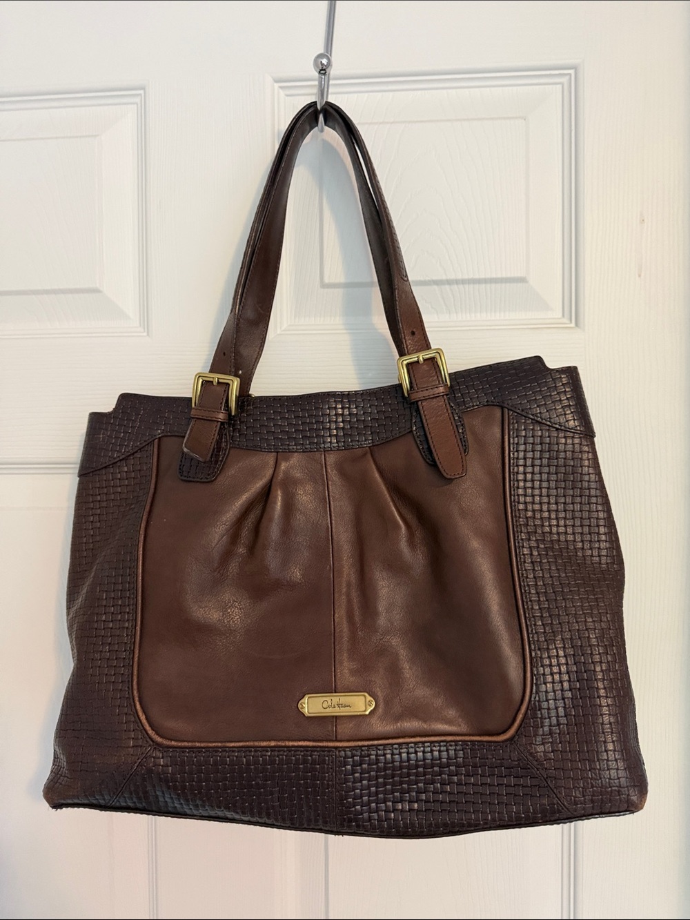 Cole Haan Dark Brown Leather Tote with Woven Trim